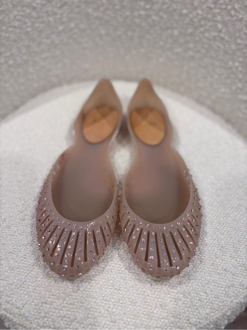 Stuart Weitzman Nude “Jealous” Jelly Flats with Crystal Studs